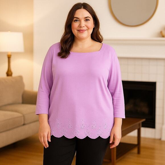 Chico's Top NWT Size 4 (2X) Eyelet 3/4 Sleeve Square Neck Scalloped Orchid - Picture 1 of 7